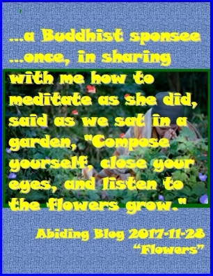 ...a Buddhist sponsee...once, in sharing with me how to meditatte as she did, said as we sat in a garden, "Compose yourself, close your eyes, and listen to the flowers grow." #Meditation #Listen #AbidingBlog2017Flowers